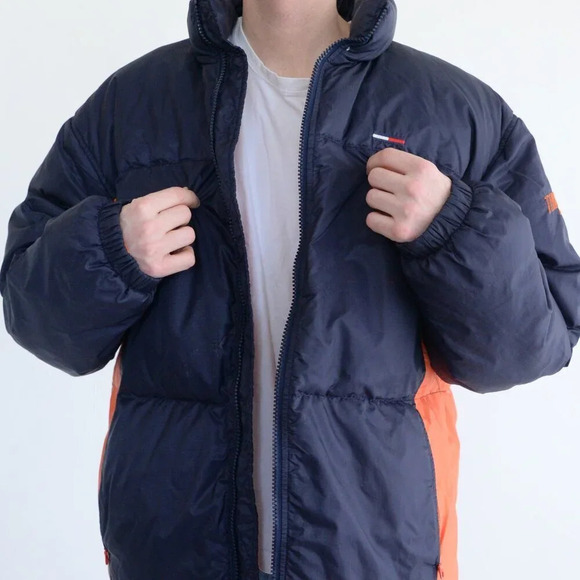 Vintage 90S Tommy Hilfiger Navy  And Orange Waiter Puffer Jacket Size XL - Picture 2 of 15
